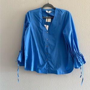 Elegant Blue V-Neck Blouse with Sleeve Ties